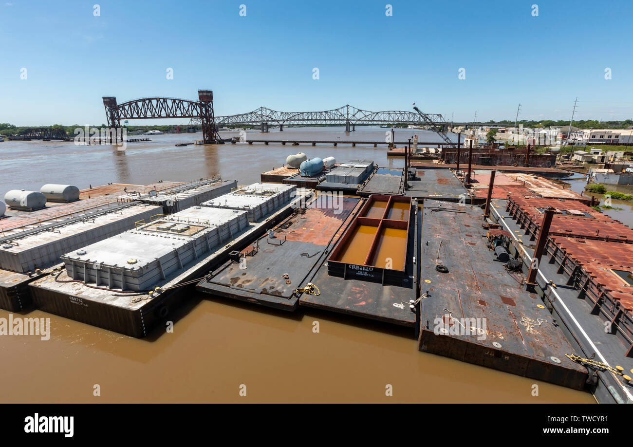 Morgan City, Louisiana - Barges are tied up on the Atchafalaya River. Stock Photo