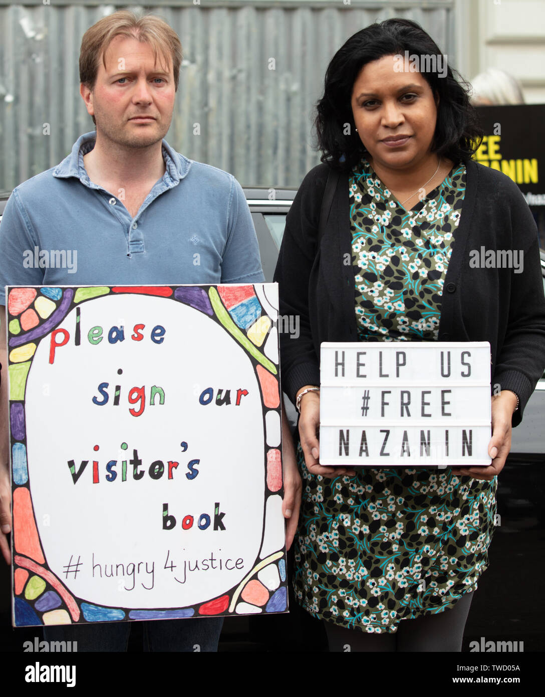 London, UK. 19th June 2019. Janet Daby, British labour party politician and Member of Parliament of Lewisham East and Richard Ratcliffe who is on hunger strike in front of the Iranian embassy in London in protest of the detention of his wife Nazanin Zaghari in Iran over spying allegations. Credit: Joe Kuis / Alamy Stock Photo