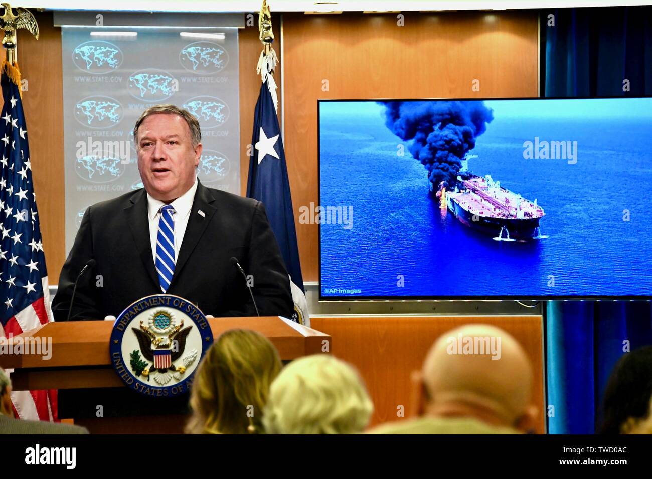 U.S. Secretary of State Mike Pompeo speaks to the media on the recent attacks on two oil tankers traveling in the Strait of Hormuz from the State Department briefing room June 13, 2019 in Washington, D.C. Pompeo blamed Iran for the attacks despite the lack of evidence provided. Stock Photo