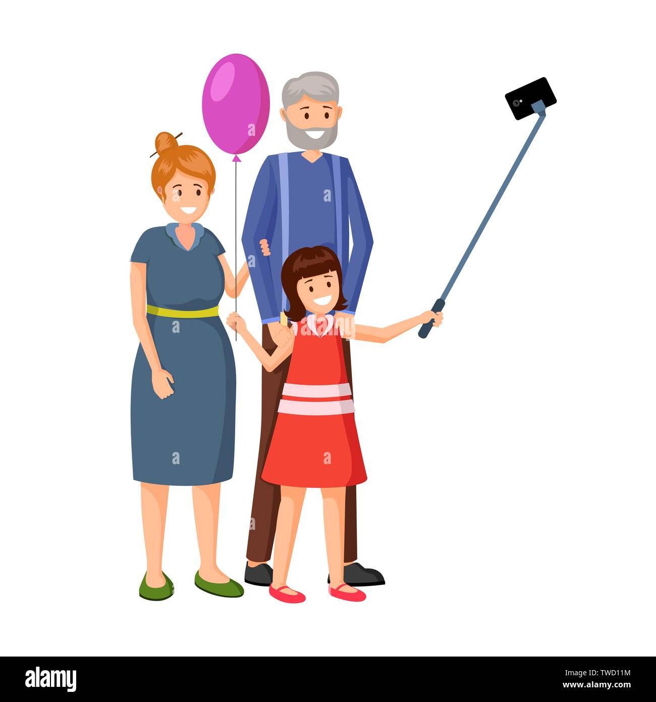 Little girl with grandparents vector illustration. Granddaughter with balloon, grandfather and grandmother cartoon characters. Happy people taking selfie together, family relationship flat design Stock Vector