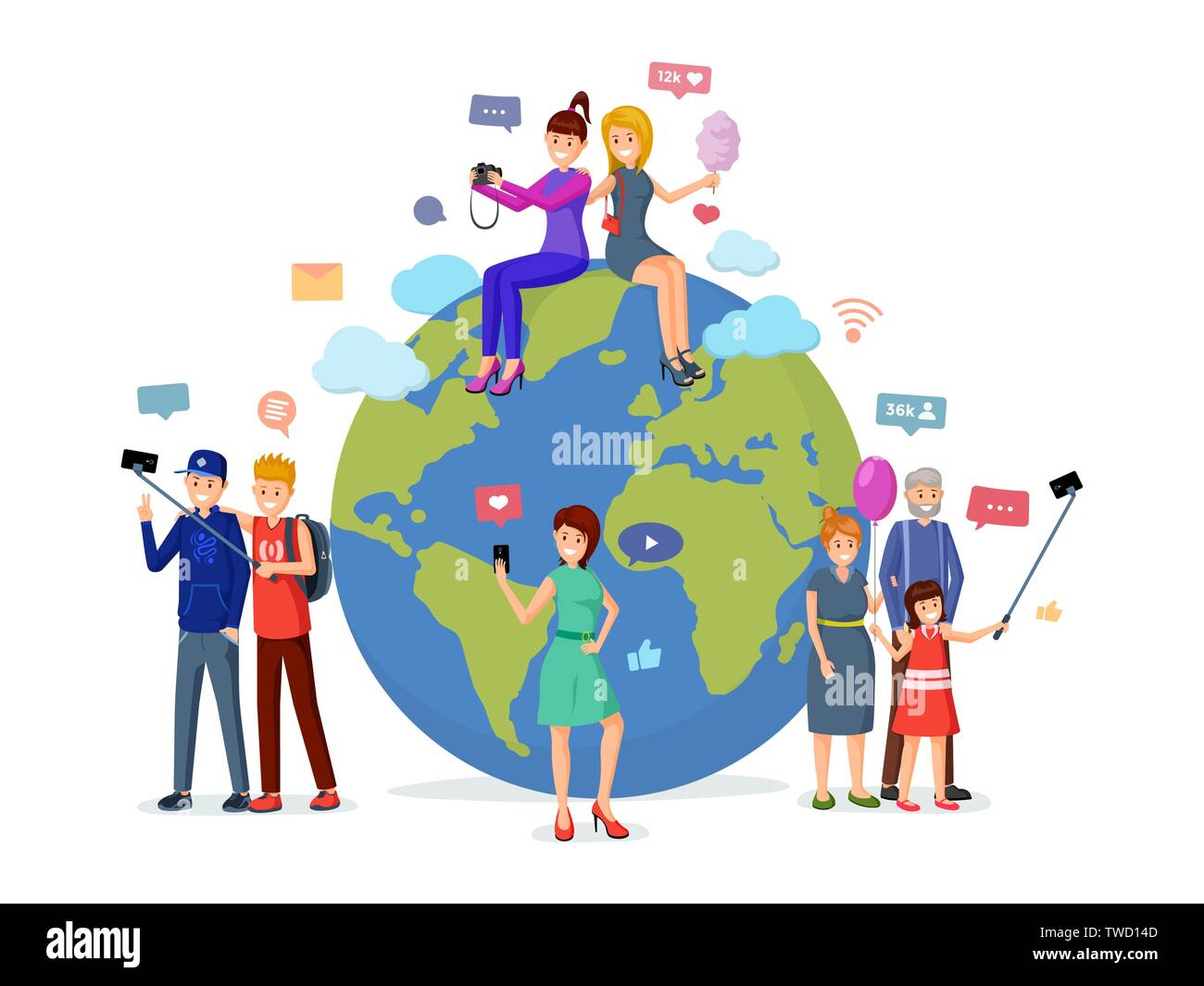 Worldwide social media leisure vector illustration. Happy bloggers, travelers, streamers taking selfie cartoon characters. Global online communication network, internet technology, modern lifestyle Stock Vector