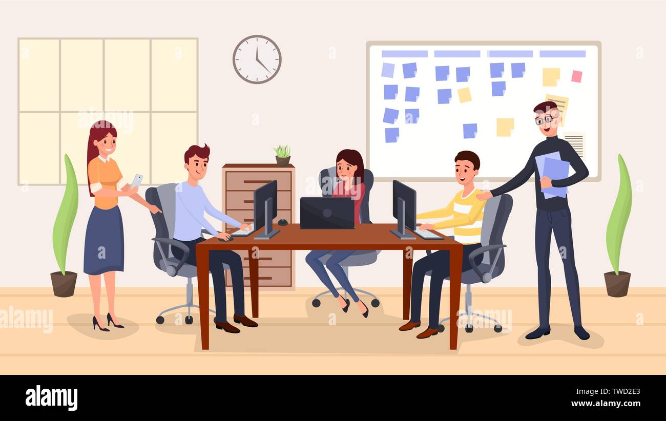 Team management, coworking vector illustration. Happy colleagues working  together cartoon characters. Office interior, plants, wall clock and task  board, group brainstorm, working process Stock Vector Image & Art - Alamy
