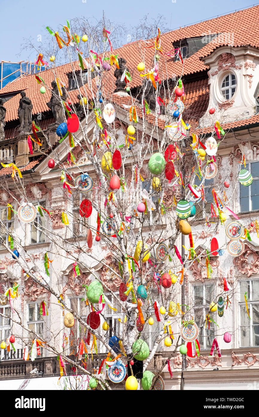 decorated Easter birch tree on street of Prague Stock Photo