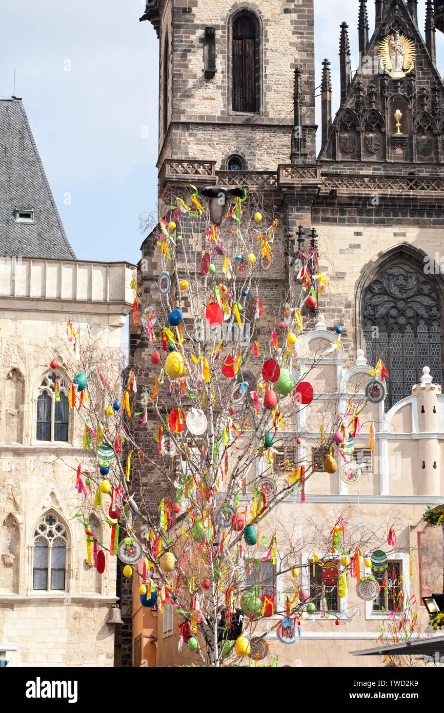 decorated Easter birch tree on street of Prague Stock Photo