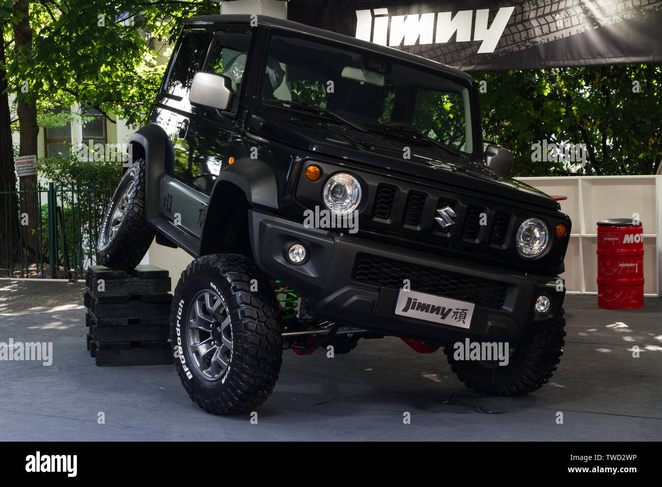 A black Suzuki Jimny GAN. 2019 edition of Parco Valentino car show hosts cars by many brands and car designers in Valentino Park in Torino, Italy. Stock Photo