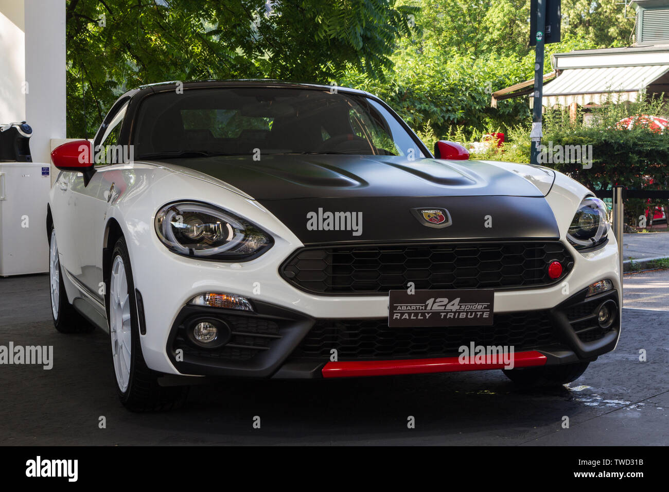 An Abarth 124 spider. 2019 edition of Parco Valentino car show hosts cars by many brands and car designers in Valentino Park in Torino, Italy. Stock Photo
