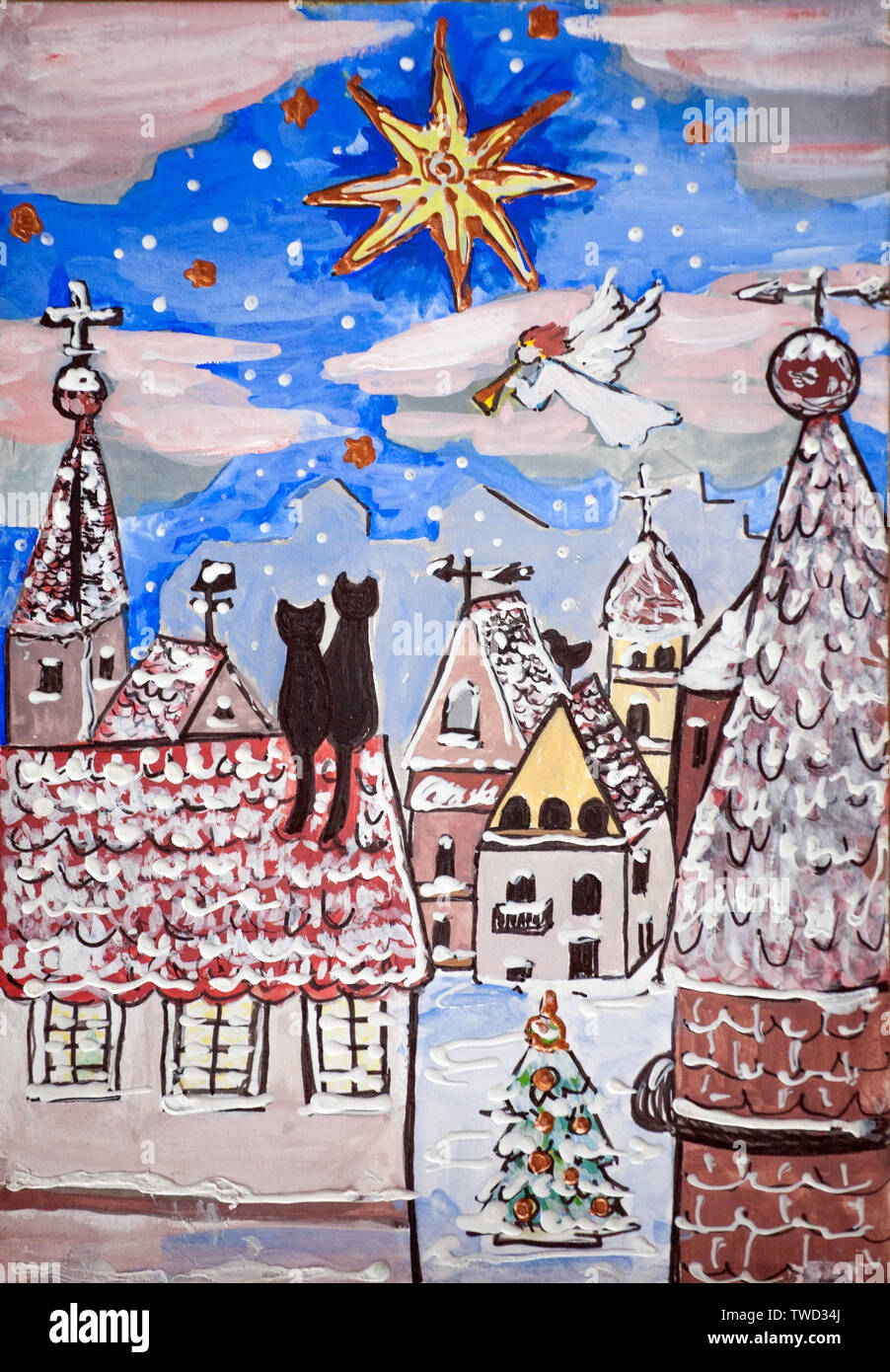 child Christmas drawing picture with cats and stars Stock Photo