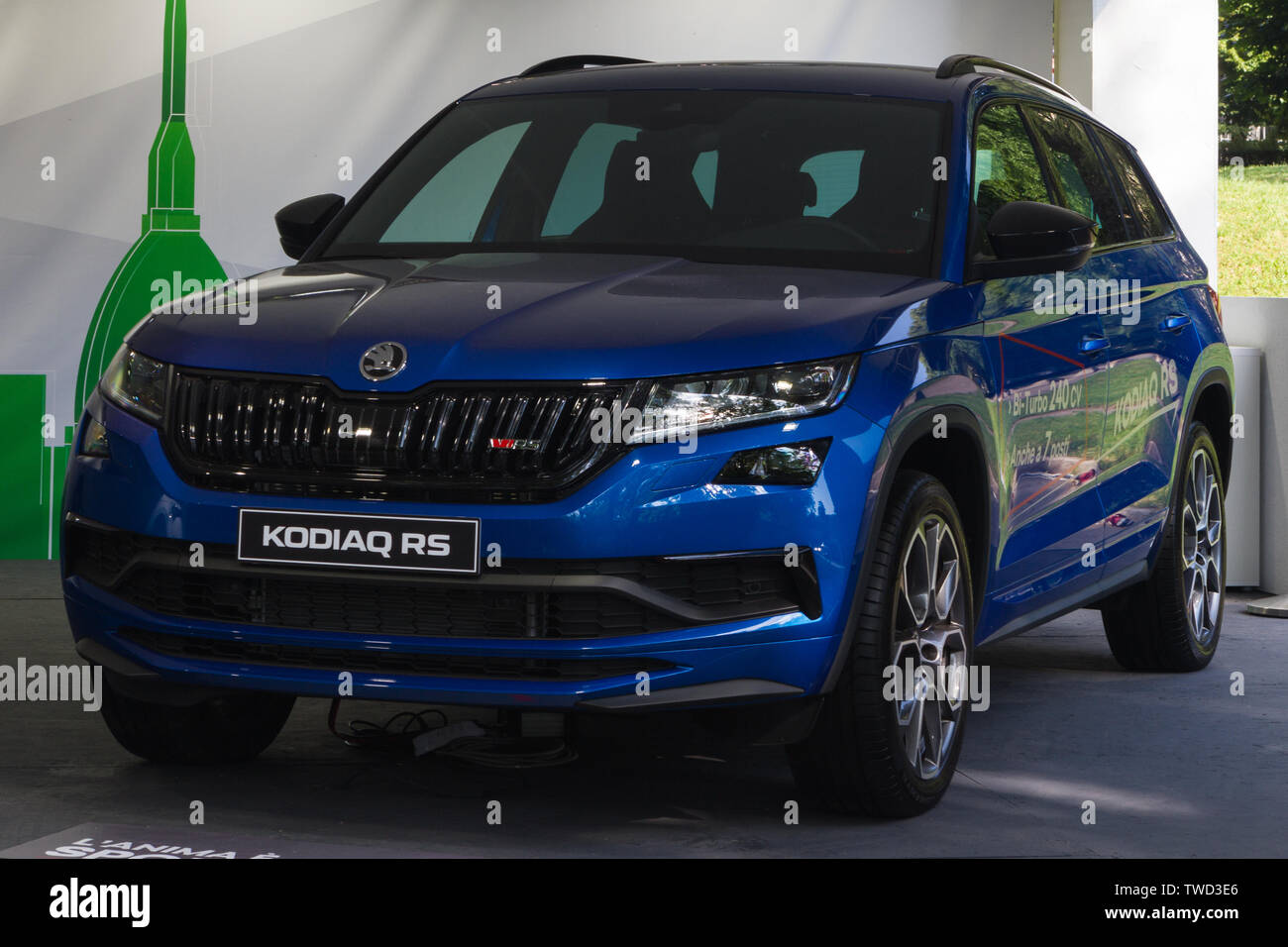 A Skoda Kodiaq RS. 2019 edition of Parco Valentino car show hosts cars by many brands and car designers in Valentino Park in Torino, Italy. Stock Photo