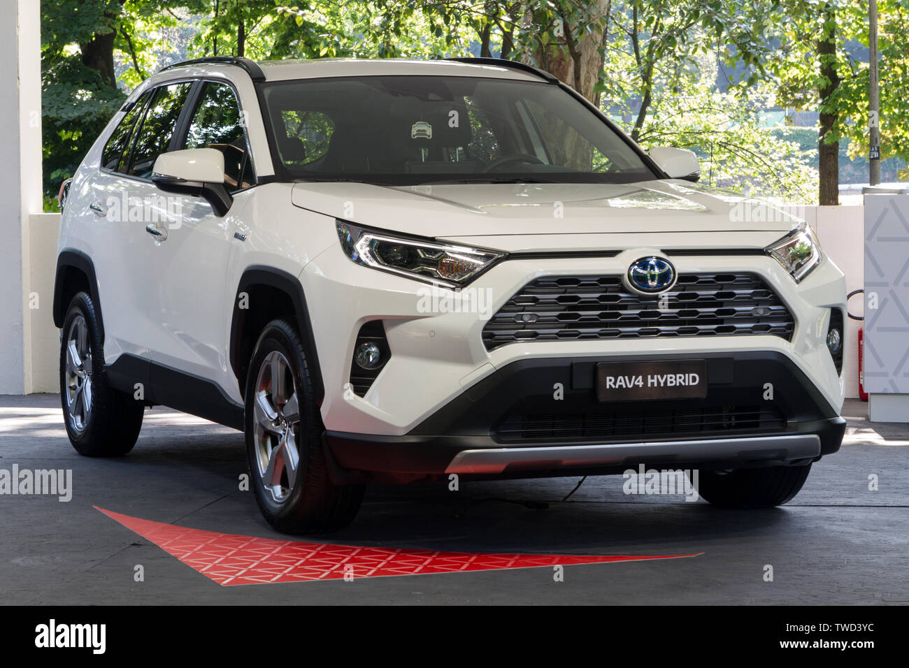 A Toyota RAV4 hybrid car. 2019 edition of Parco Valentino car show hosts cars by many brands and car designers in Valentino Park in Torino, Italy. Stock Photo