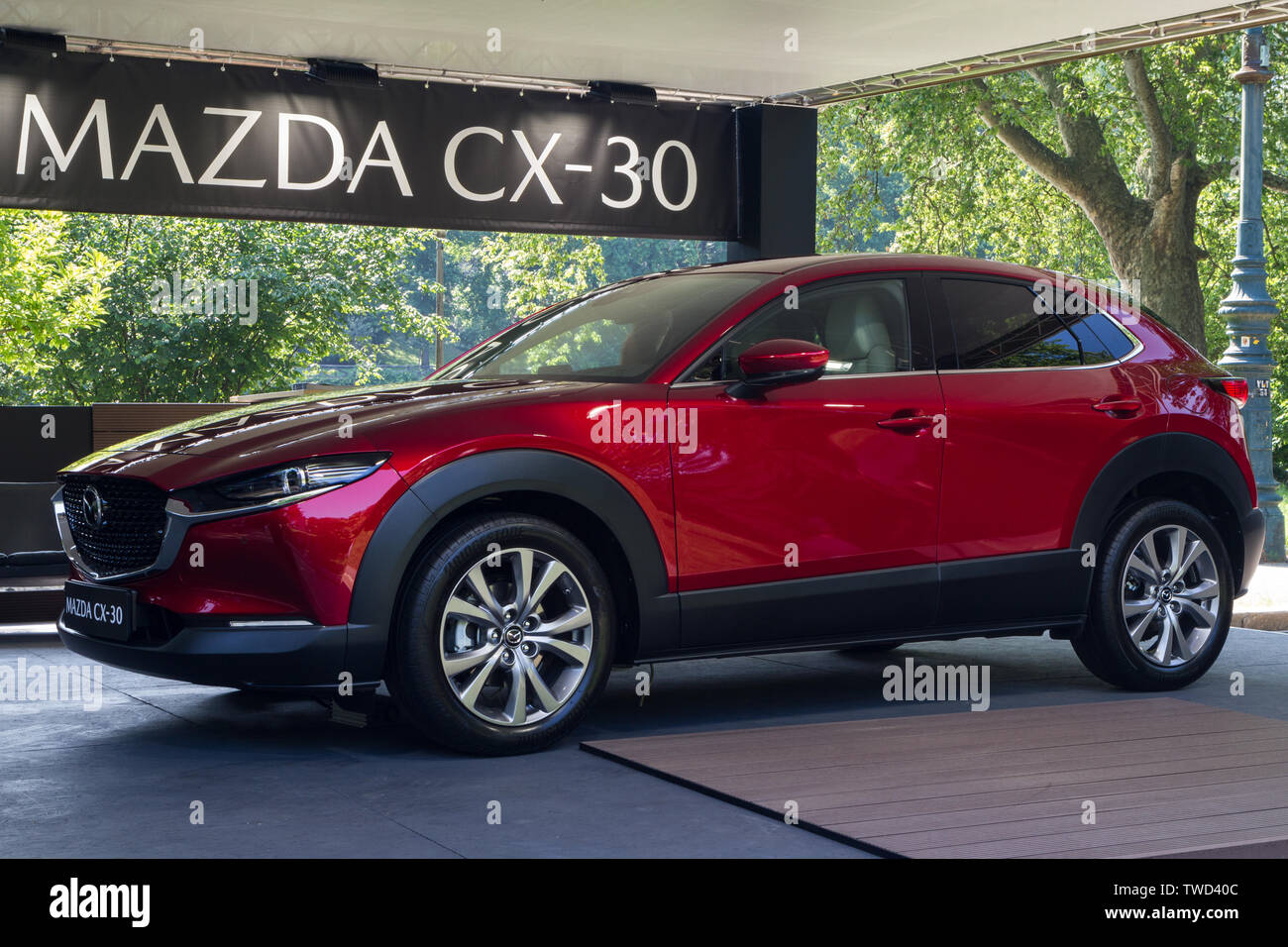 A red Mazda CX-30. 2019 edition of Parco Valentino car show hosts cars by many brands and car designers in Valentino Park in Torino, Italy. Stock Photo