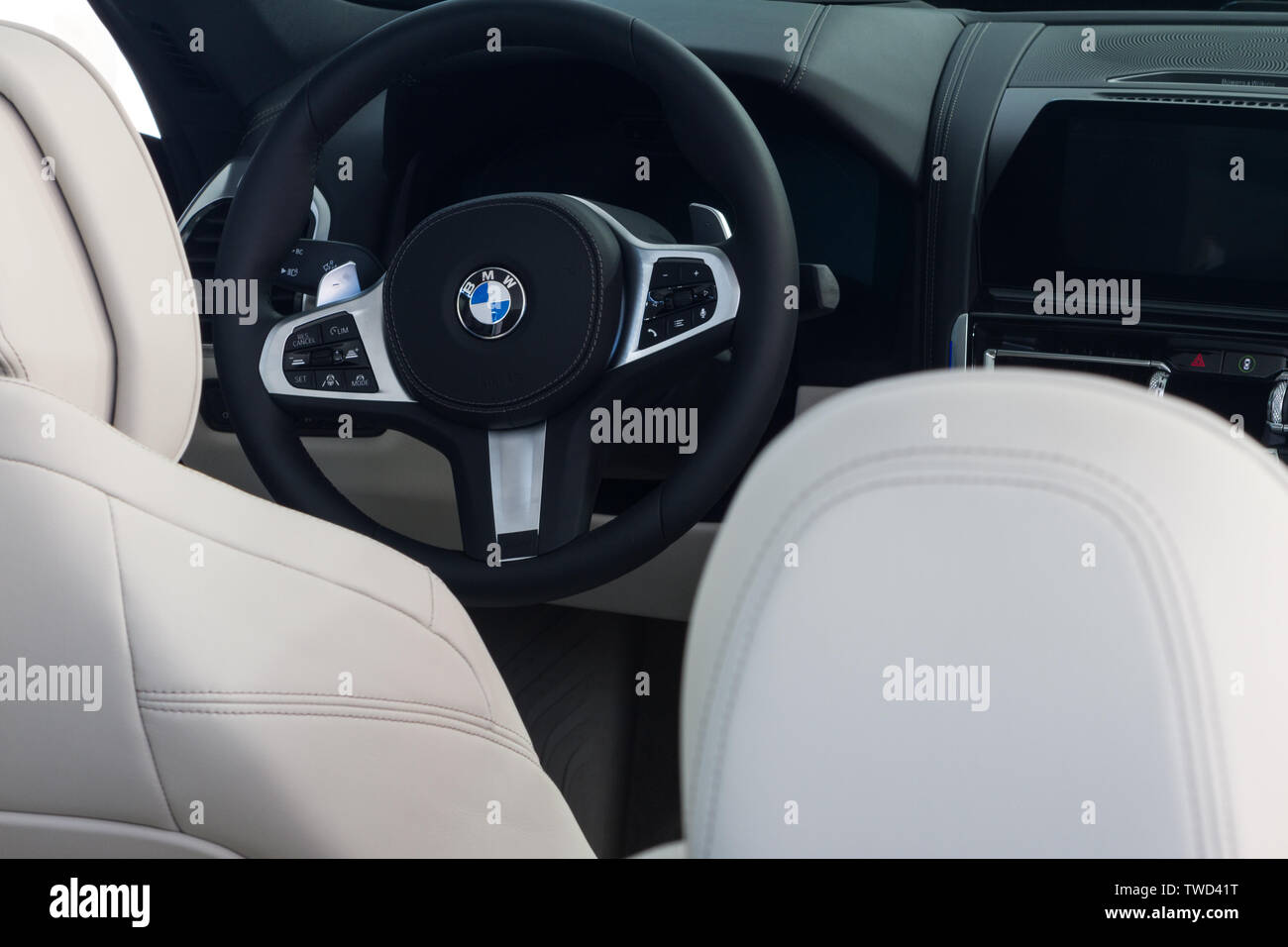 Interior and steering wheel of BMW M850i Cabrio (BMW 8 series). 2019 edition of Parco Valentino car show hosts cars by many brands and car designers inside Valentino Park in Torino, Italy. Stock Photo