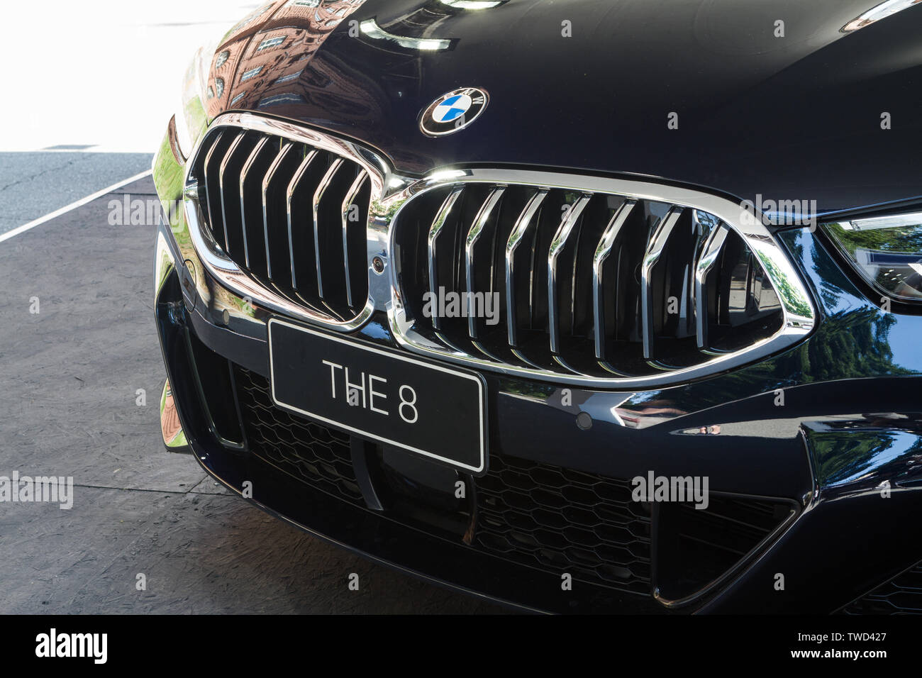Detail of radiator grille of BMW M850i Cabrio (BMW 8 series). 2019 edition of Parco Valentino car show hosts cars by many brands and car designers inside Valentino Park in Torino, Italy. Stock Photo