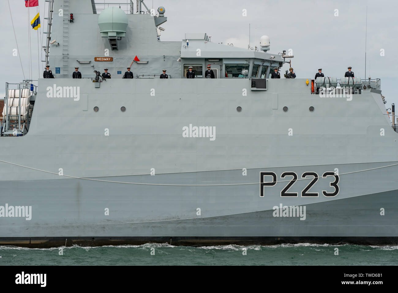 The new Royal Navy offshore patrol vessel HMS Medway (P223) arriving on