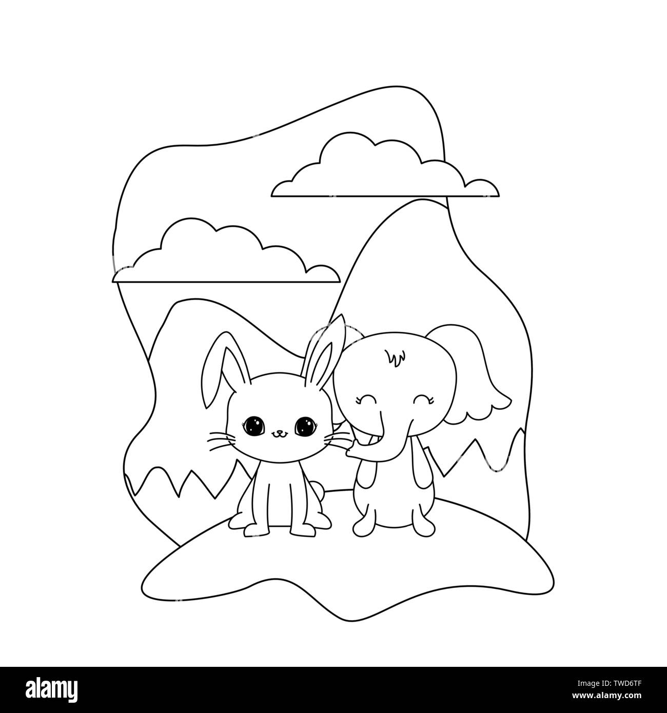cute elephant with rabbit in landscape vector illustration design Stock ...
