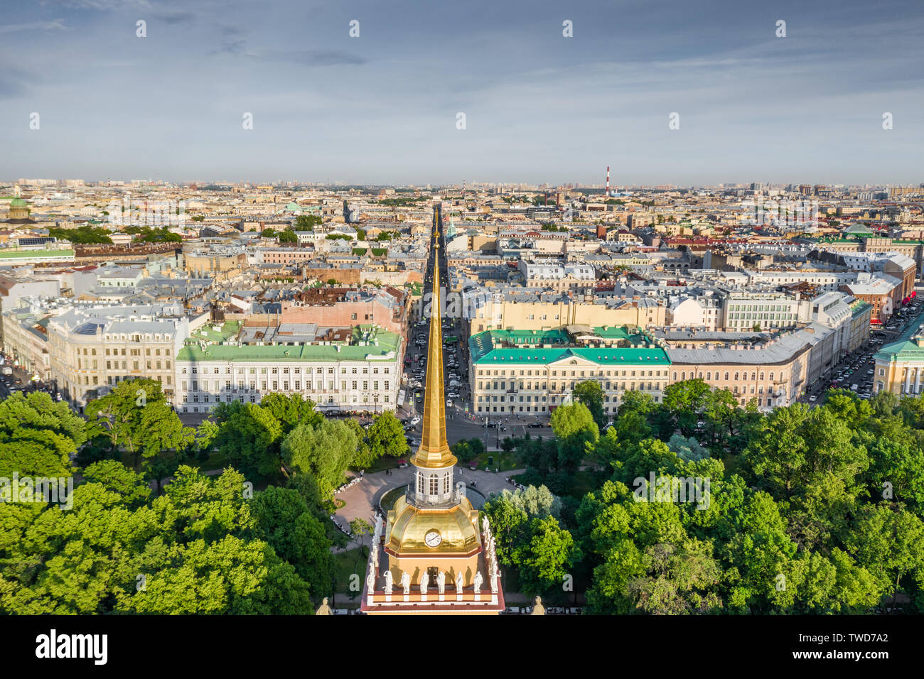 Aerial photo of center of Saint Petersburg at sunset, gold spike of Admiralty building, Gorohovaya street, green trees in park Stock Photo