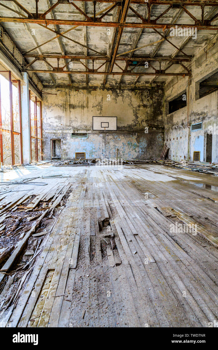 Eastern Europe, Ukraine, Pripyat, Chernobyl. Basketball court. Stock Photo