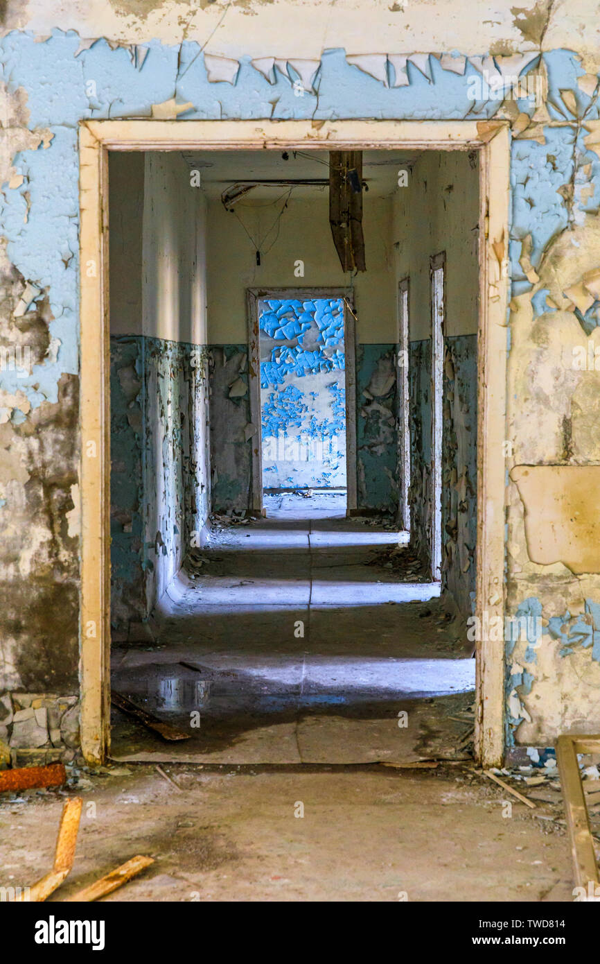 Eastern Europe, Ukraine, Pripyat, Chernobyl. Abandoned corridor of hospital building. Stock Photo