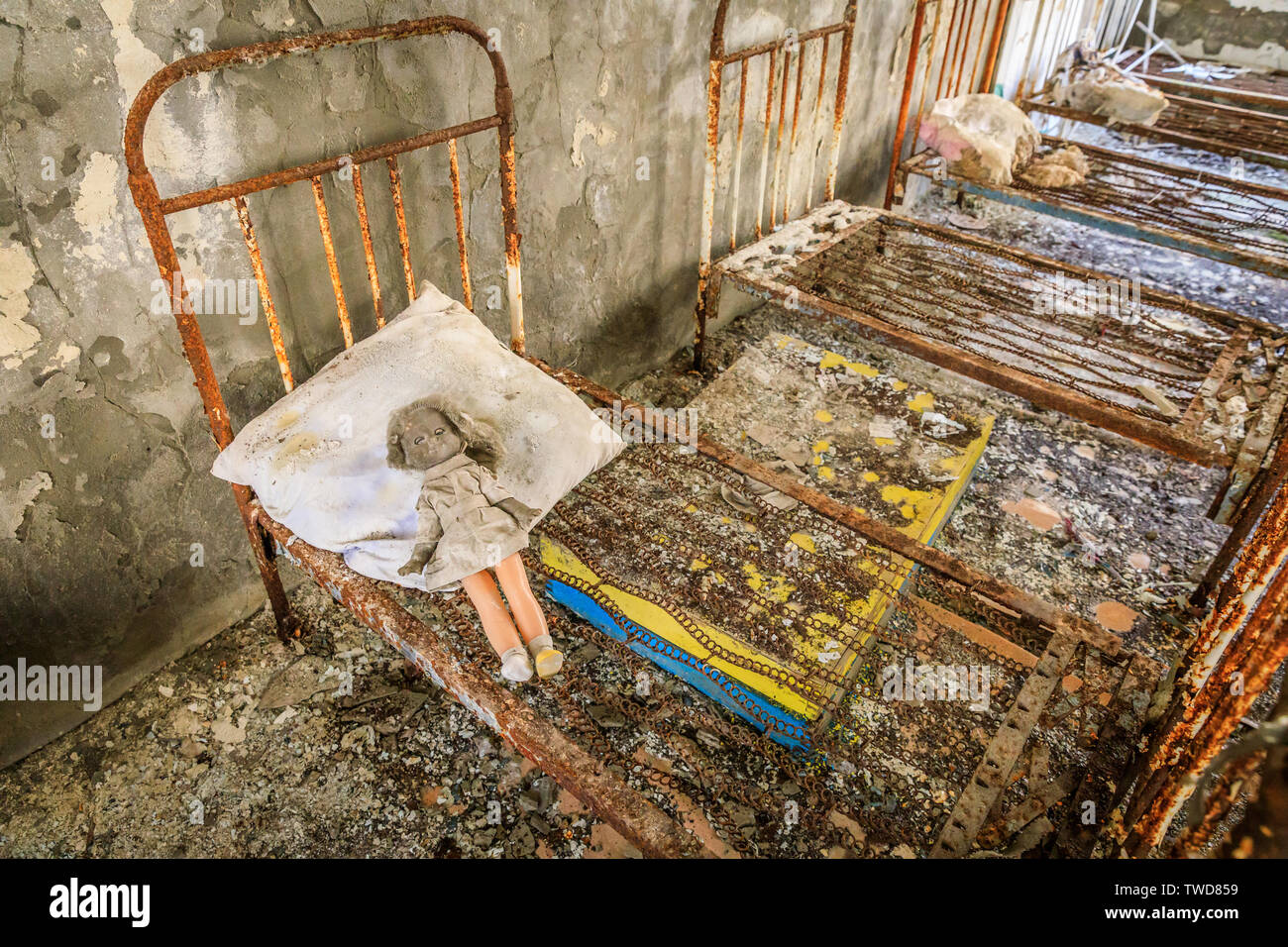 Eastern Europe, Ukraine, Pripyat, Chernobyl. Toys and beds in the dormitory of the kindergarten. Stock Photo