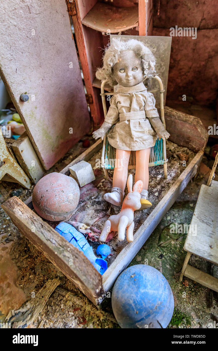 Eastern Europe, Ukraine, Pripyat, Chernobyl. Toys in the kindergarten. Stock Photo