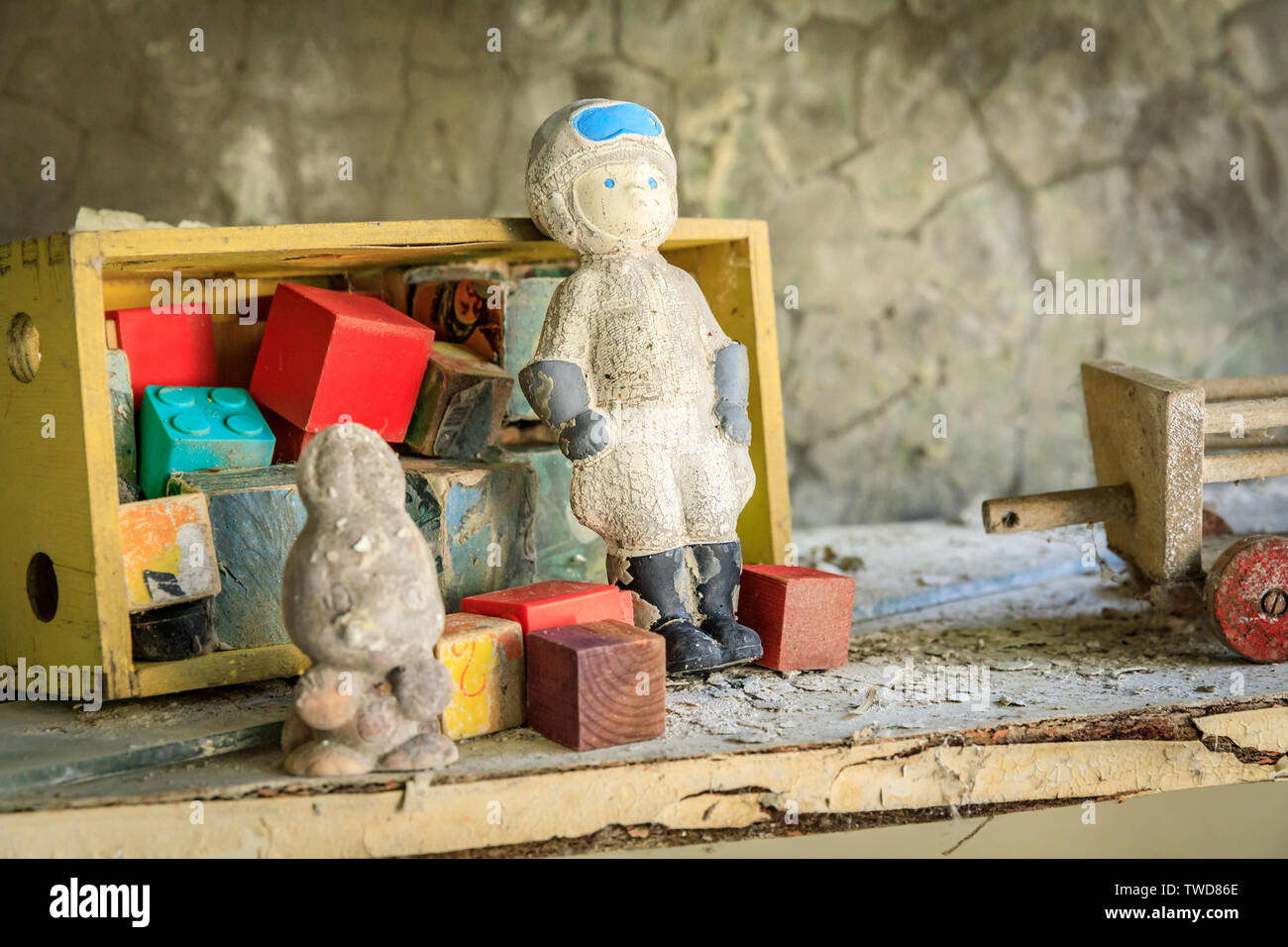 Eastern Europe, Ukraine, Pripyat, Chernobyl. Toys in the kindergarten. Stock Photo