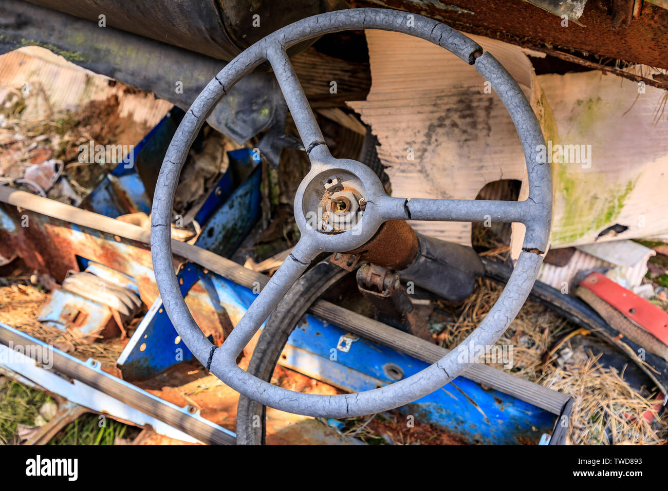 Eastern Europe, Ukraine, Pripyat, Chernobyl. Rusted trucks and vehicles. Steering wheel. Stock Photo