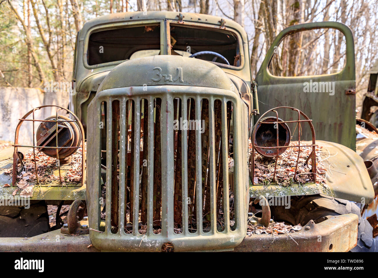 Eastern Europe, Ukraine, Pripyat, Chernobyl. Rusted trucks and vehicles. April 11, 2018. Stock Photo