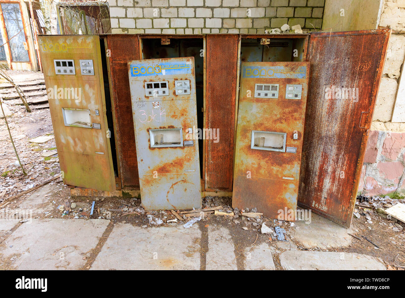 Eastern Europe, Ukraine, Pripyat, Chernobyl. Rusted soft drink dispensers. April 11, 2018. Stock Photo