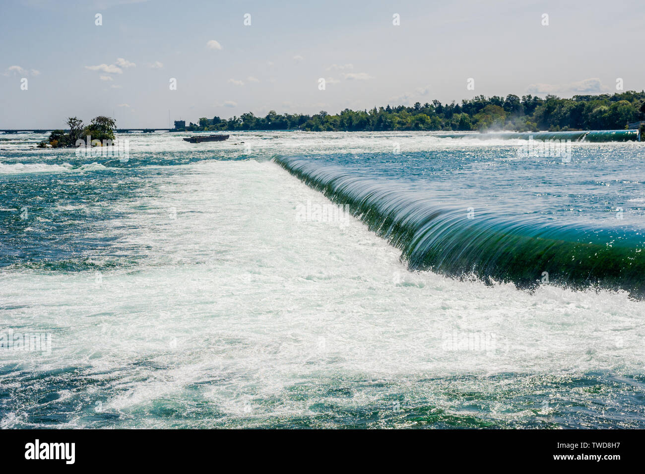 Flow of Niagara River smoothed by angled underwater structures at