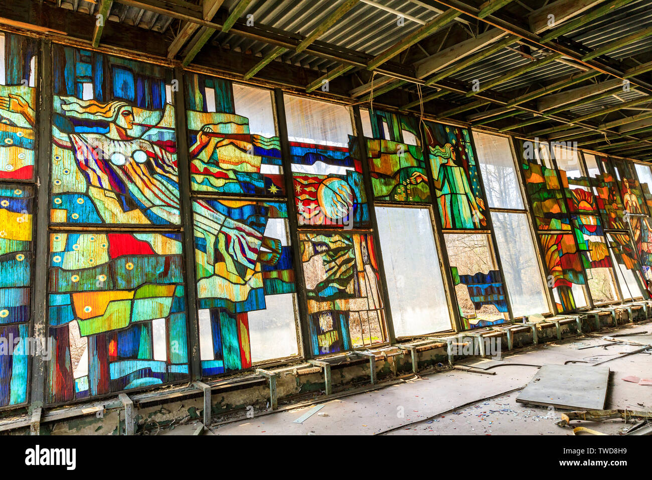 Eastern Europe, Ukraine, Pripyat, Chernobyl. Stained glass windows in Cafe Pripyat, “the Dish”. April 11, 2018. Stock Photo