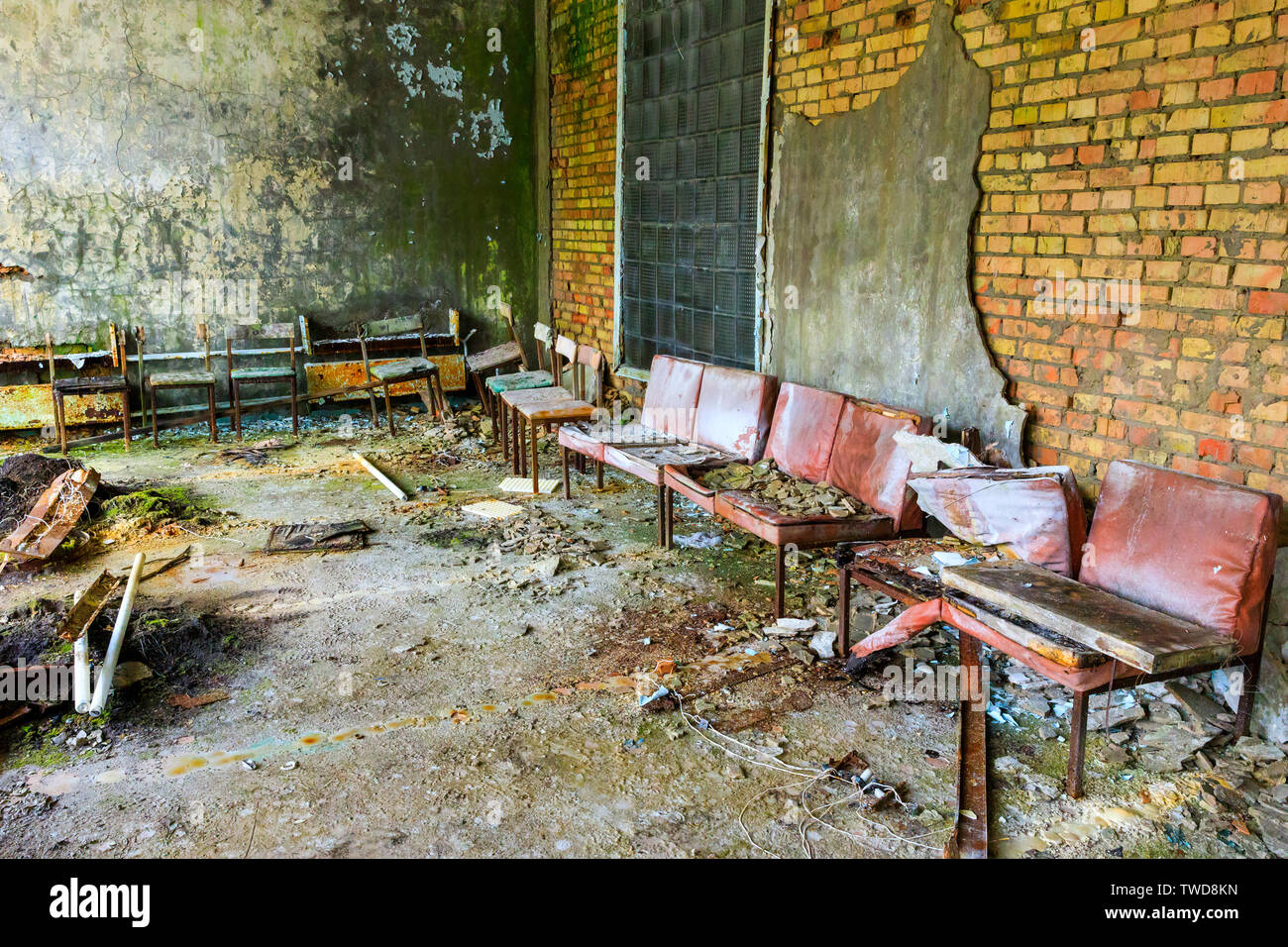 Eastern Europe, Ukraine, Pripyat, Chernobyl. The Hospital MsCh-126 (medical-sanitary unit). Seating. Stock Photo