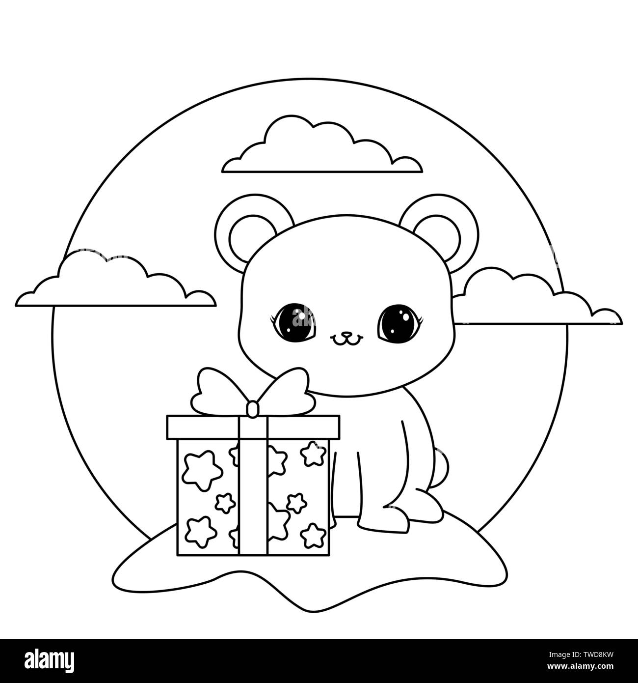 cute bear animal with gift box in landscape vector illustration design Stock Vector