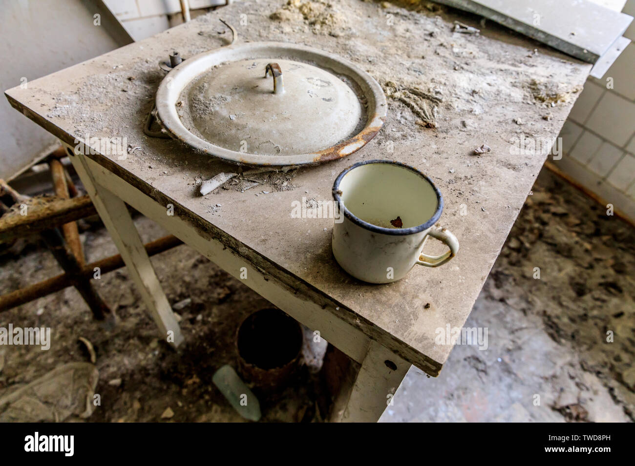 Eastern Europe, Ukraine, Pripyat, Chernobyl. The Hospital MsCh-126 (medical-sanitary unit). Drinking mug. Stock Photo
