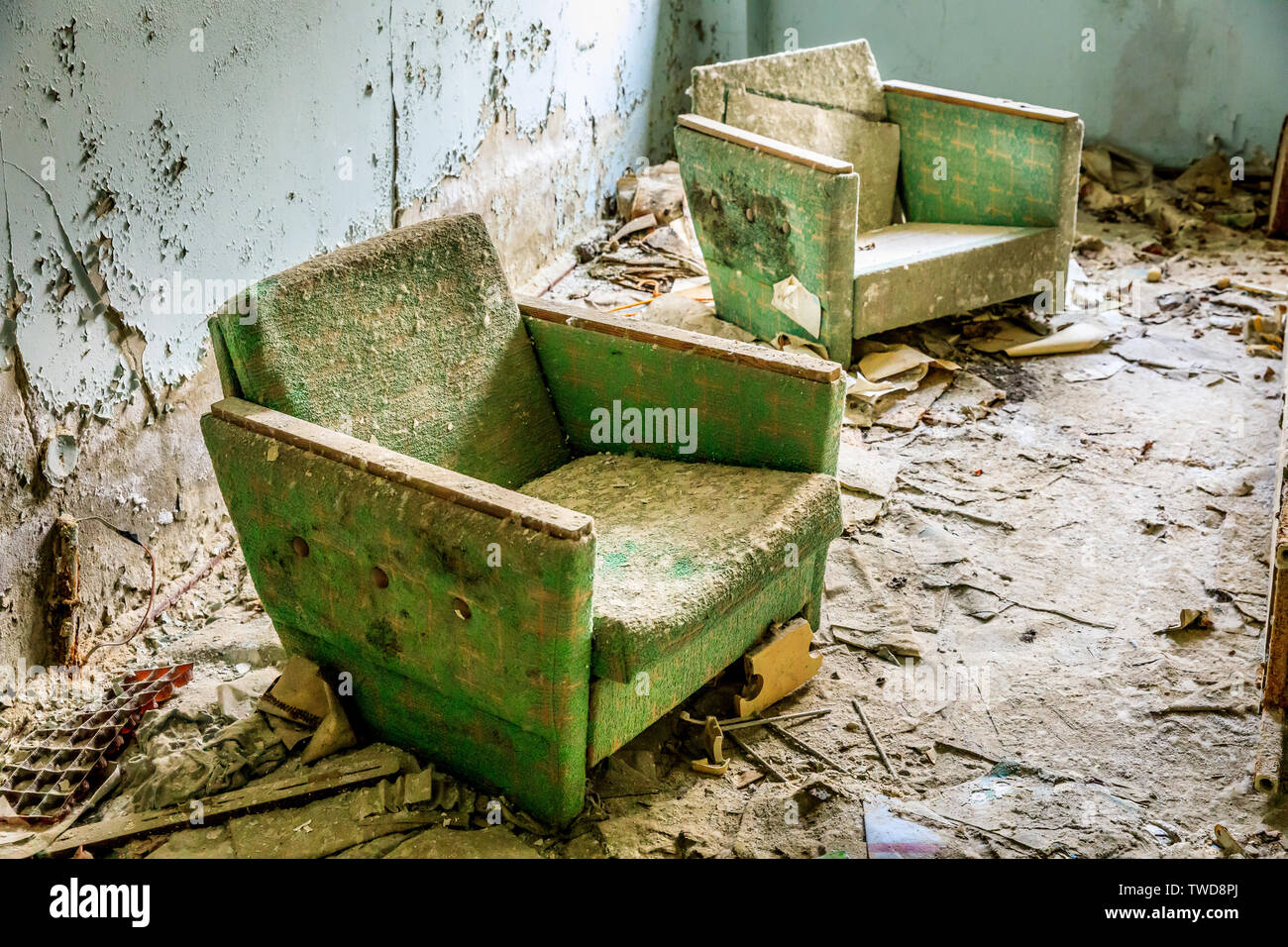 Eastern Europe, Ukraine, Pripyat, Chernobyl. The Hospital MsCh-126 (medical-sanitary unit). Modernist chairs. Stock Photo