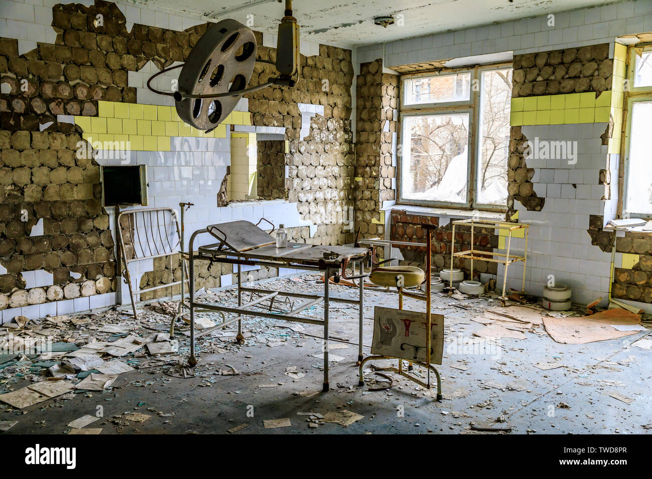Eastern Europe, Ukraine, Pripyat, Chernobyl. The Hospital MsCh-126 (medical-sanitary unit). Delivery room, table for childbirth. April 11, 2018. Stock Photo