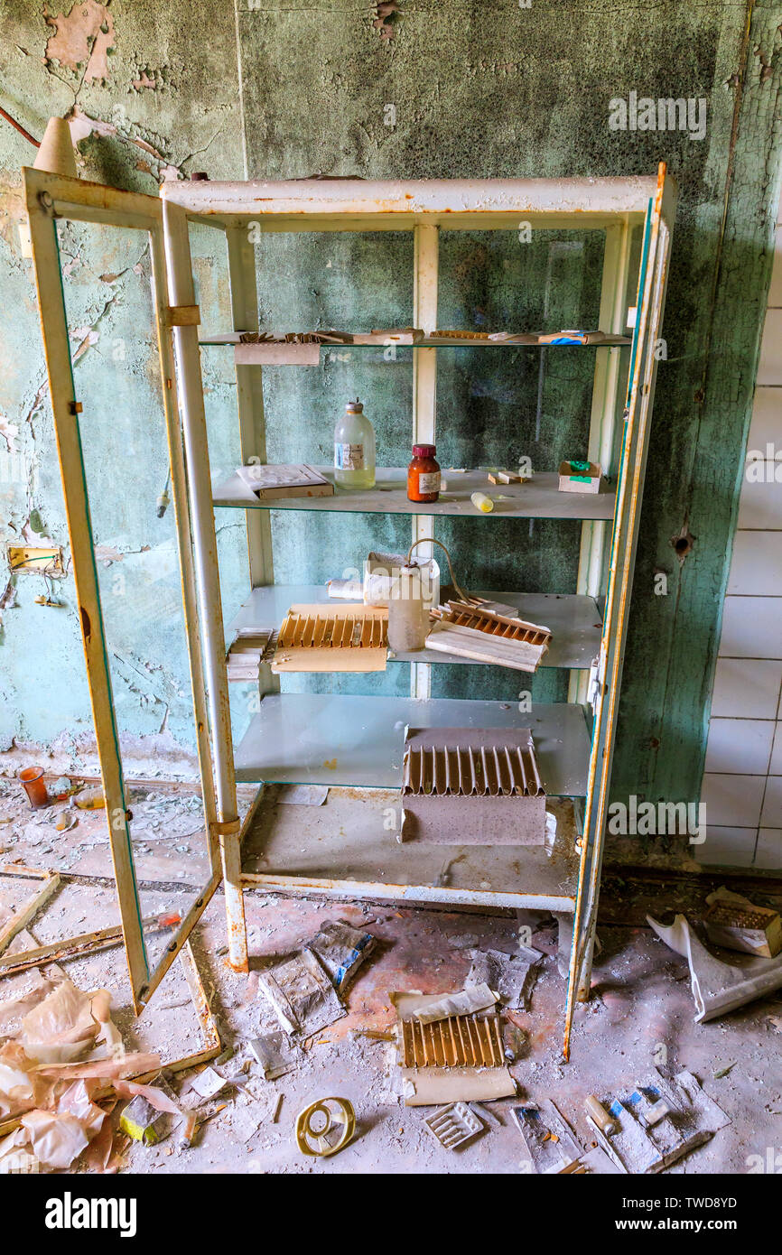 Eastern Europe, Ukraine, Pripyat, Chernobyl. The Hospital MsCh-126 (medical-sanitary unit). Cabinet of medical supplies April 11, 2018. Stock Photo