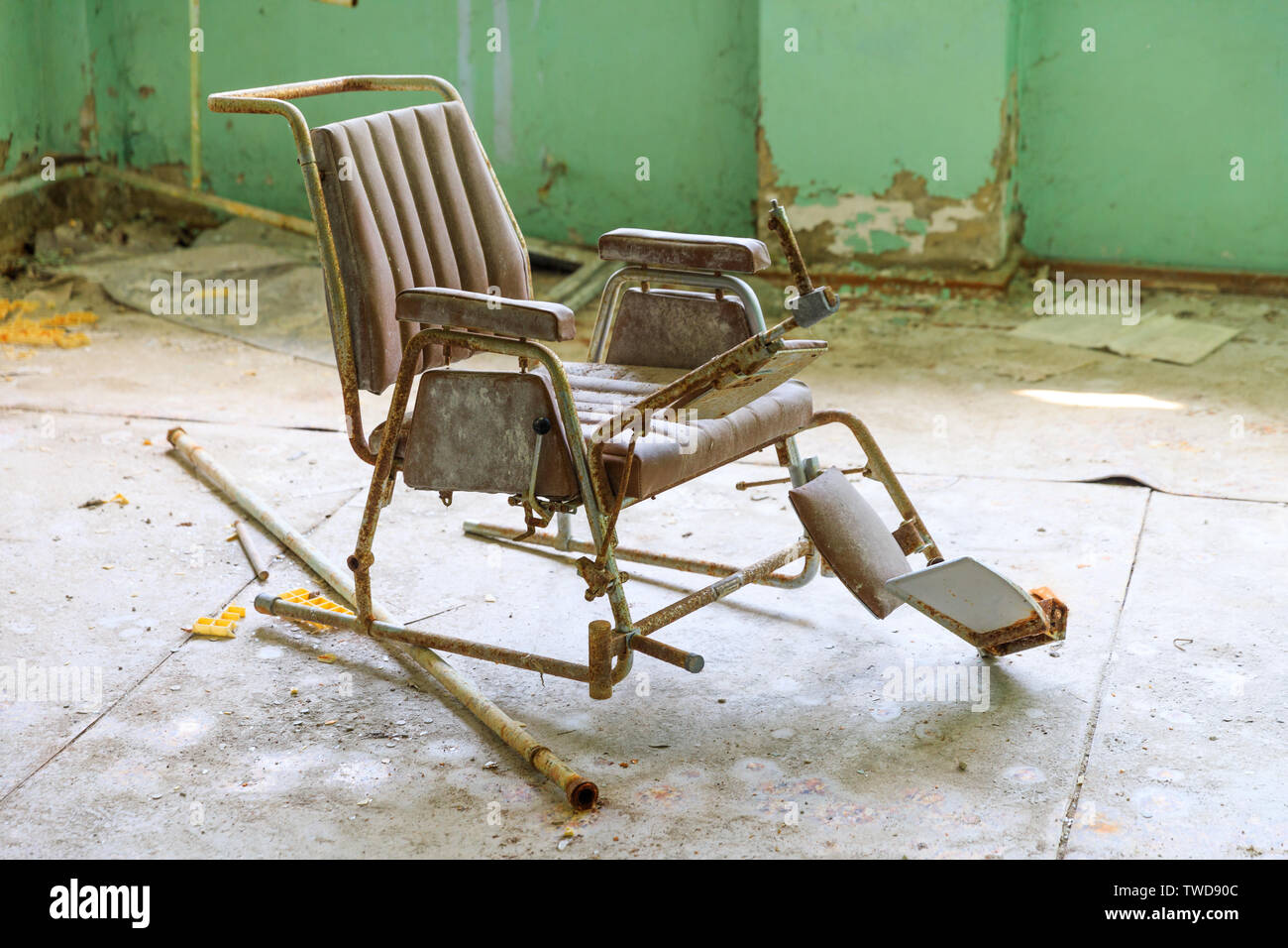 Eastern Europe, Ukraine, Pripyat, Chernobyl. The Hospital MsCh-126 (medical-sanitary unit). Chair with leg supports. Stock Photo