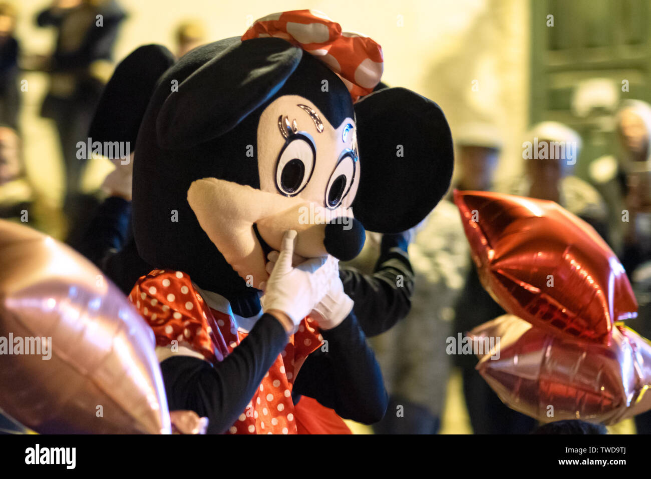 Tenerife, Spain - January 5, 2019: Disguised cartoon characters during Three kings parade celebration. Cabalgata de Reyes magos is a traditional epiphany Spanish celebration .  Stock Photo