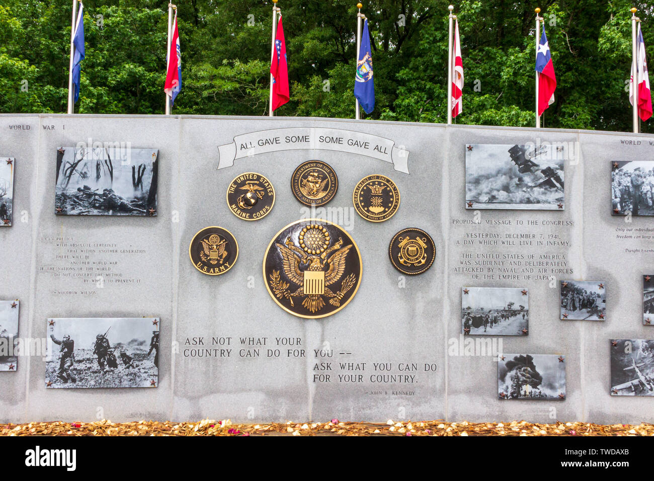 McDonough, Georgia / USA - June 9, 2019: A view of the seals of the branches of the U.S. military on the Veterans' Wall of Honor in Heritage Park. Stock Photo