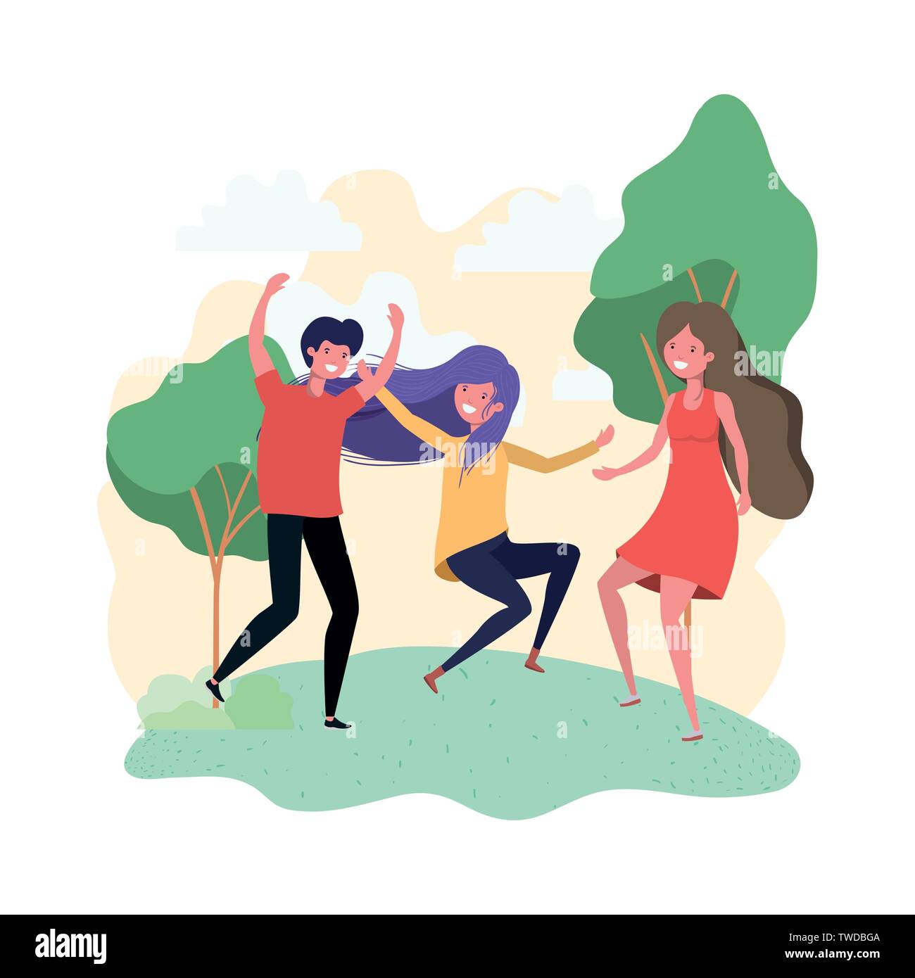 group of people dancing in landscape with trees and plants Stock Vector ...