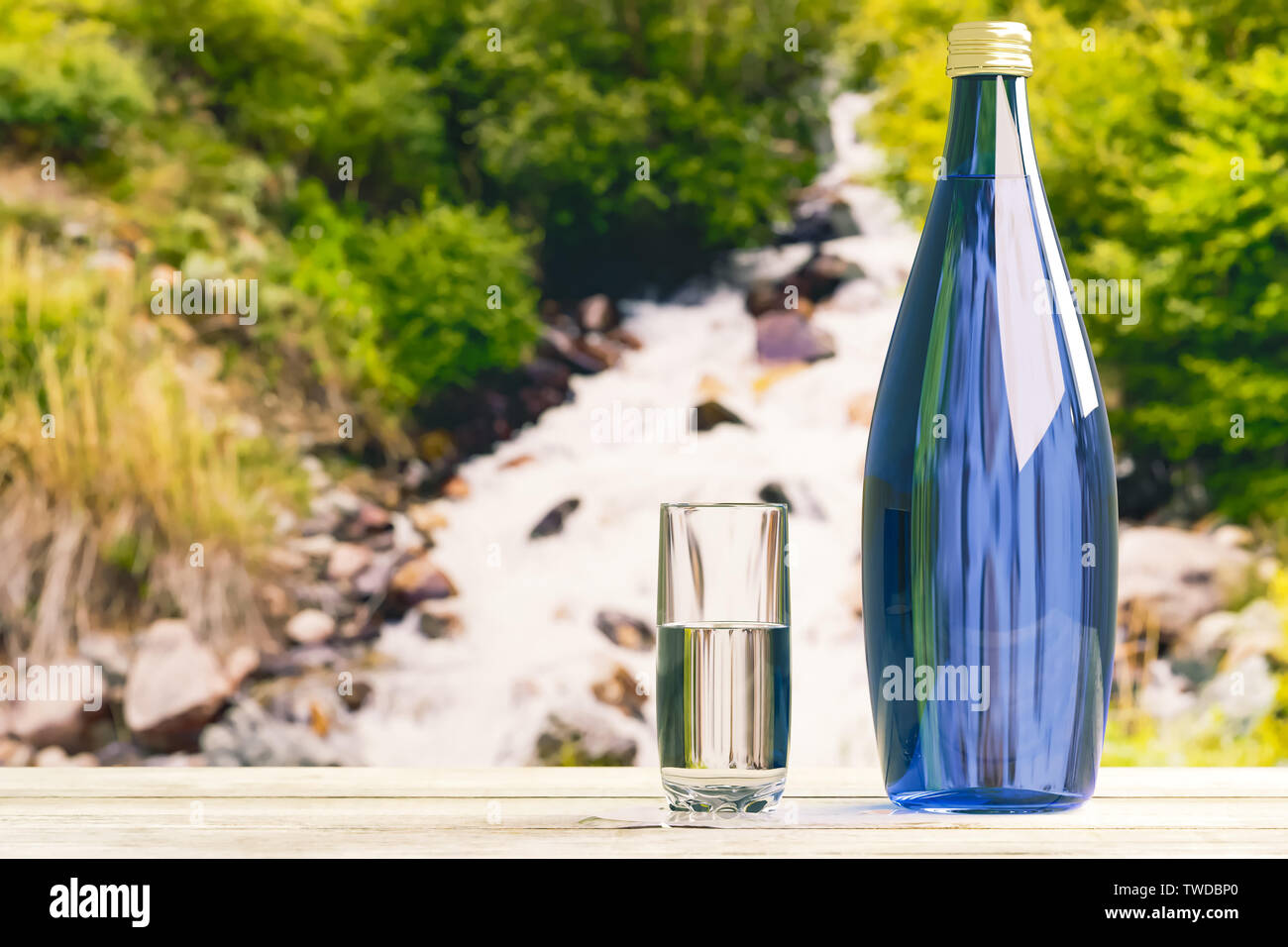 A bottle and a glass with fresh cool water against the backdrop of nature, a mountain river with the purest water. Stock Photo