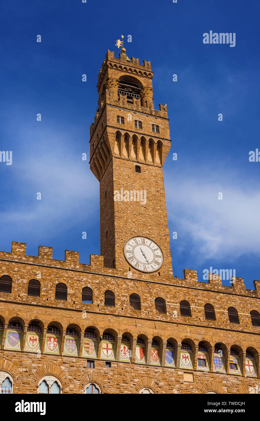 Palazzo Vecchio (Old Palace), the beautiful Florence town hall erected in the 14th century and  designed by the famous medieval architect Arnolfo di C Stock Photo