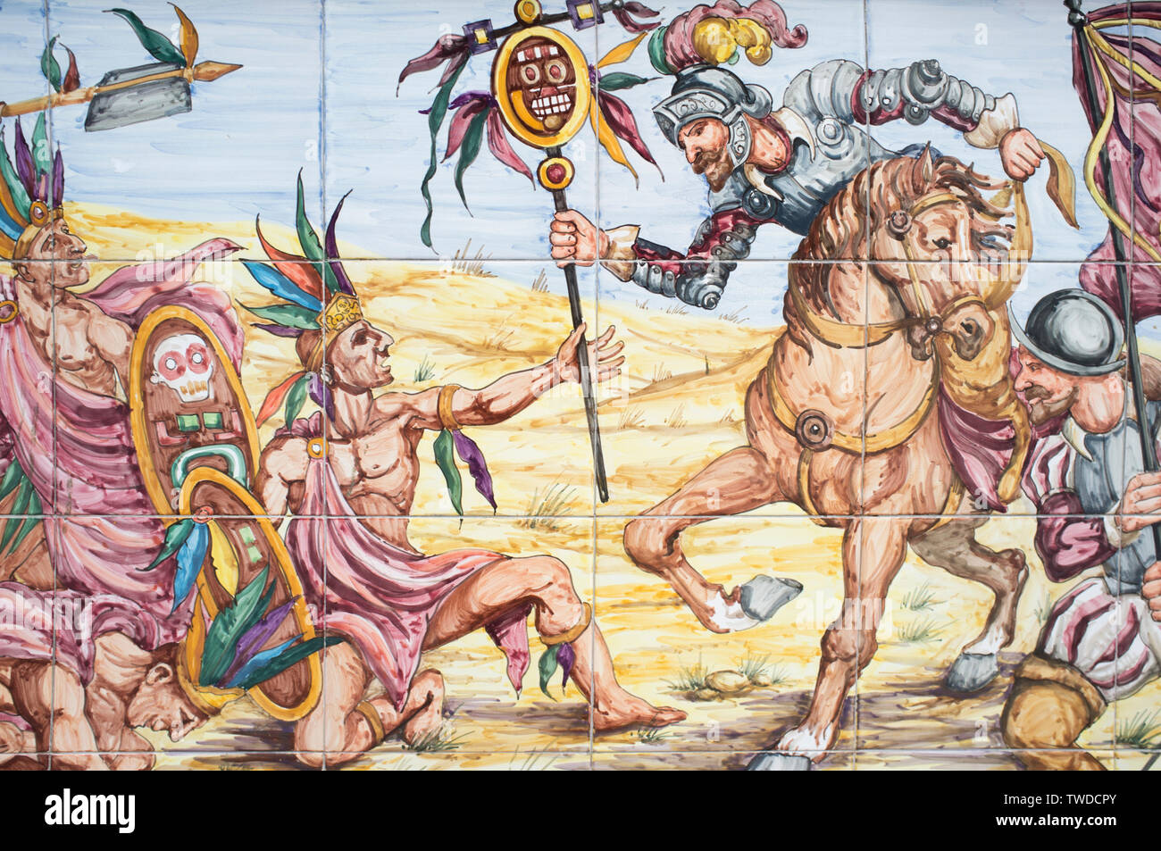 Otumba battle between vast Aztec army and Cortes troops. Glazed tiles wall Stock Photo