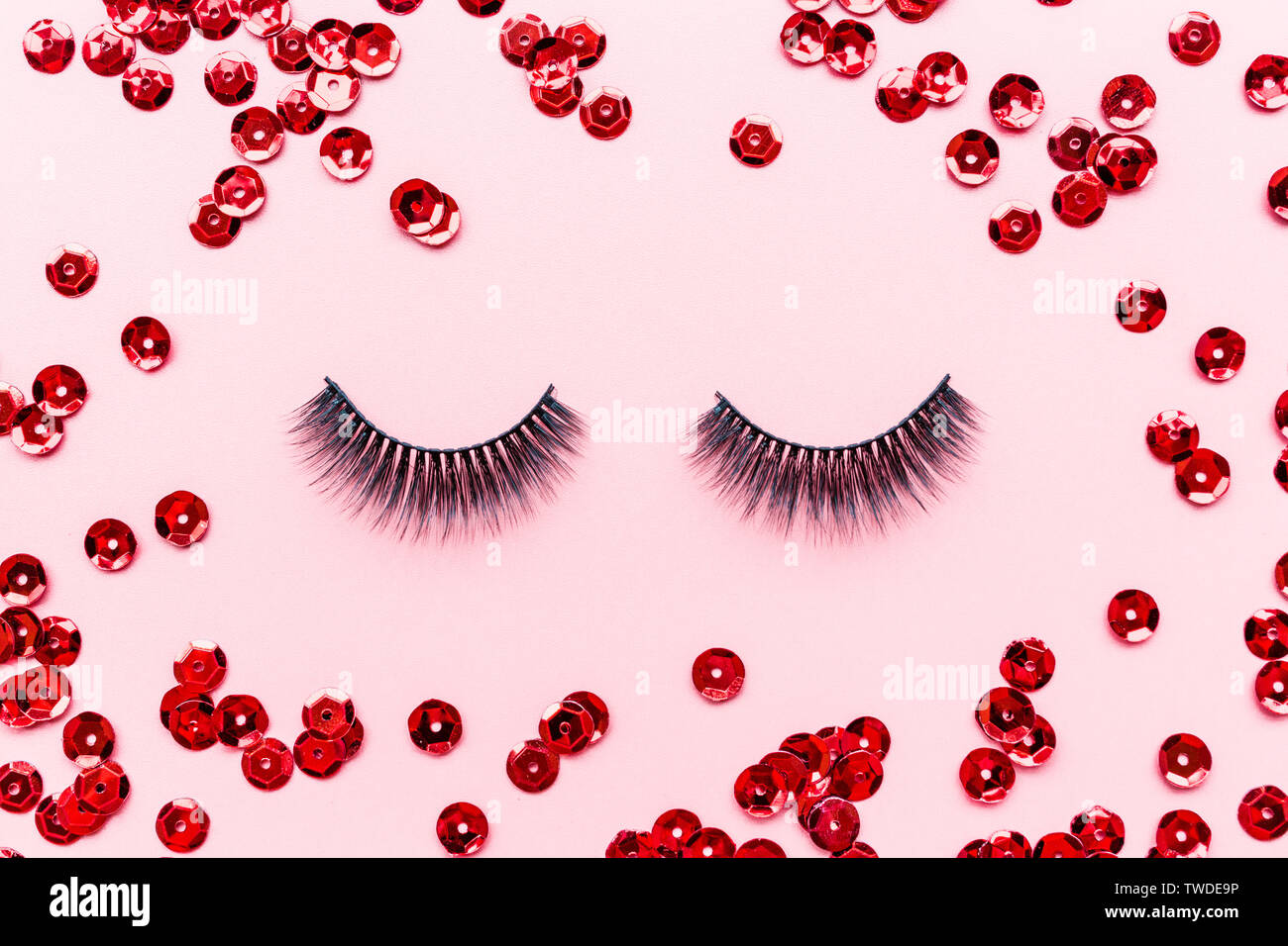 Download False Eyelashes And Red Confetti On Pink Background Beauty And Makeup Concept Flatlay Mockup Overhead Top View Copy Space Stock Photo Alamy