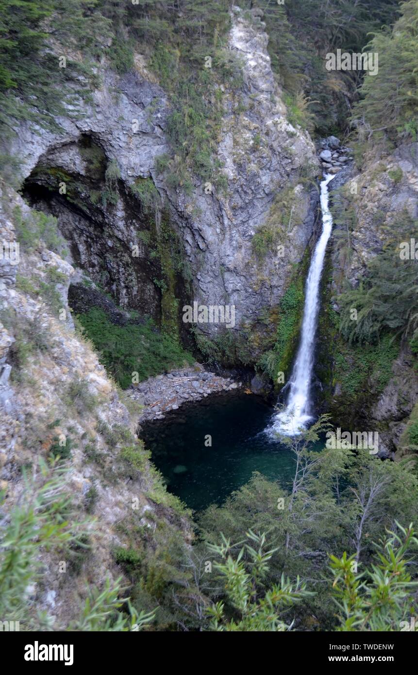 Bariloche, Argentina.Victoria Island Reserve waterfall of the Bonito River, Villa La Angostura. Stock Photo