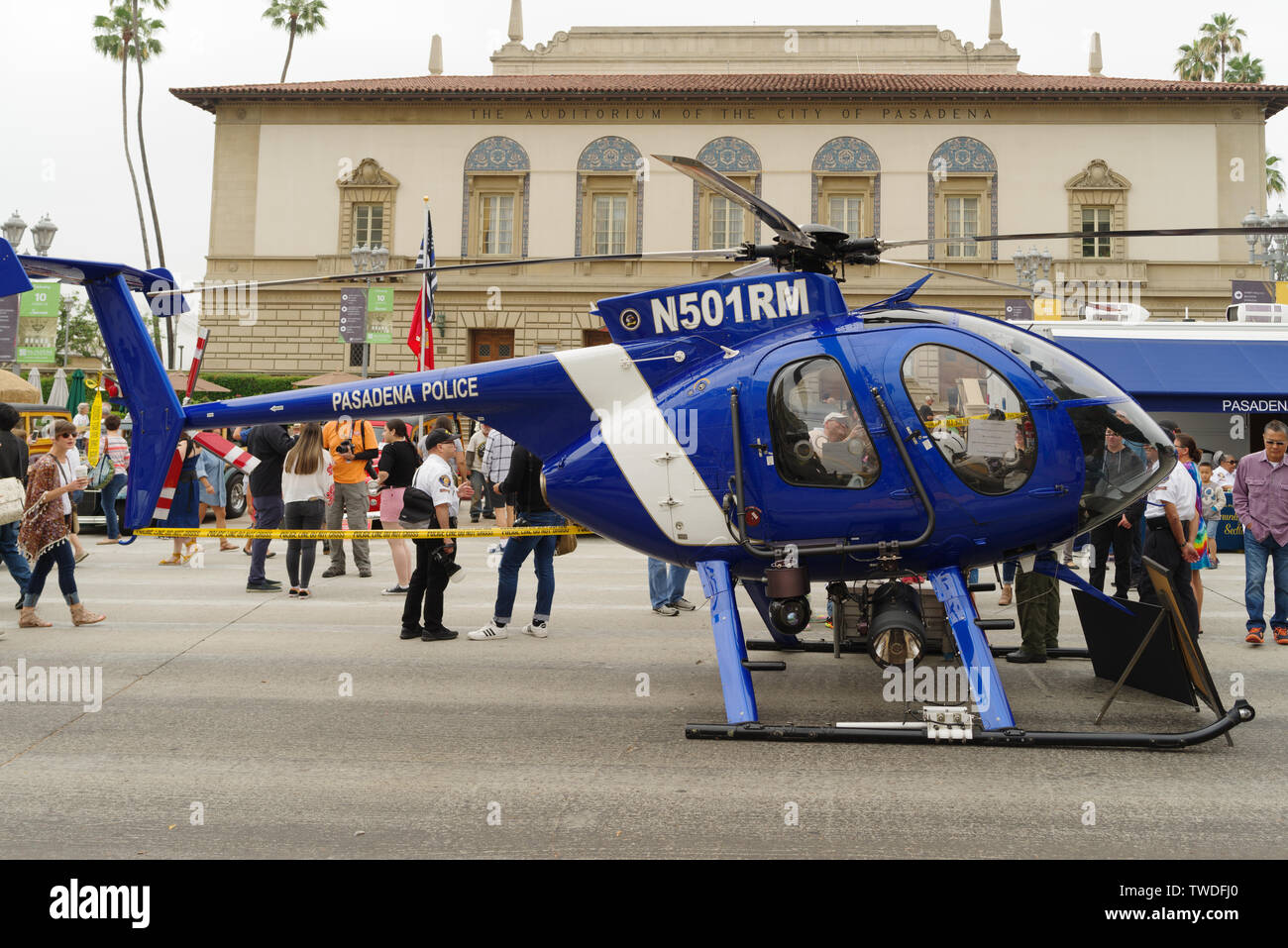 Image showing a Pasadena Police Department helicopter at the Pasadena Chalk Festival car show. Stock Photo