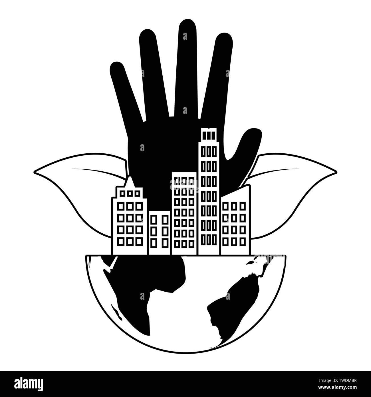hand with planet city eco friendly environment vector illustration ...