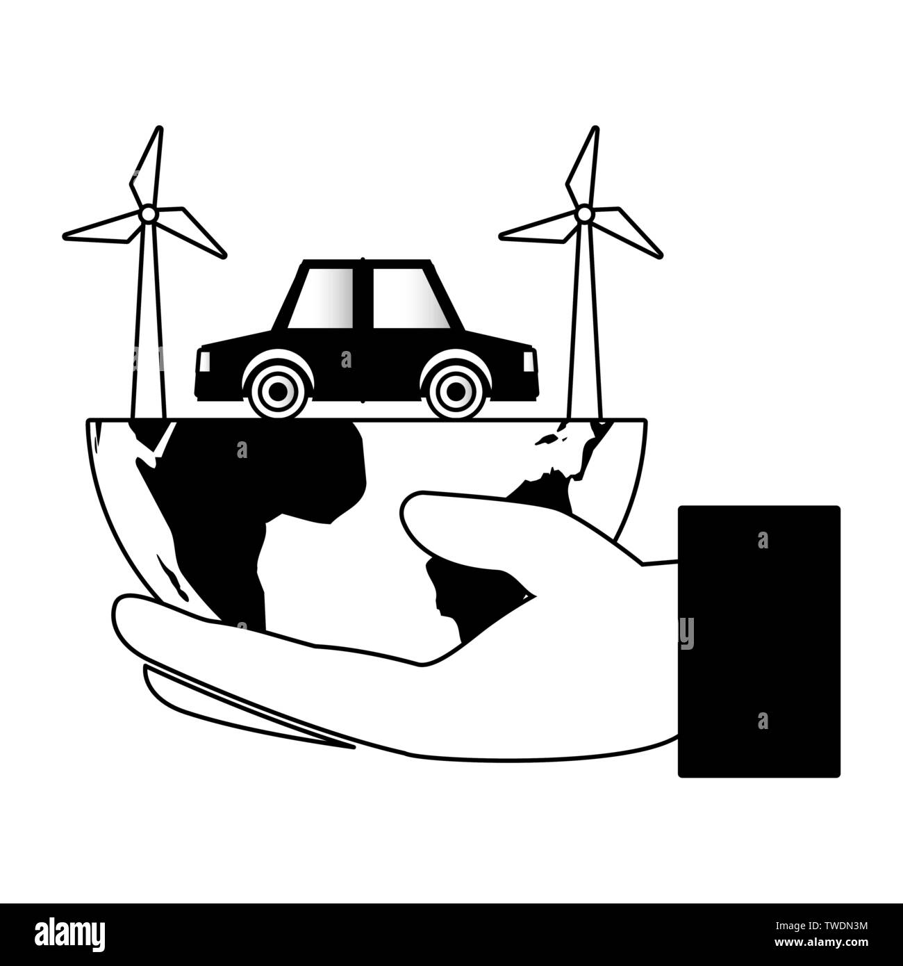 hand planet car windmill eco friendly environment vector illustration ...