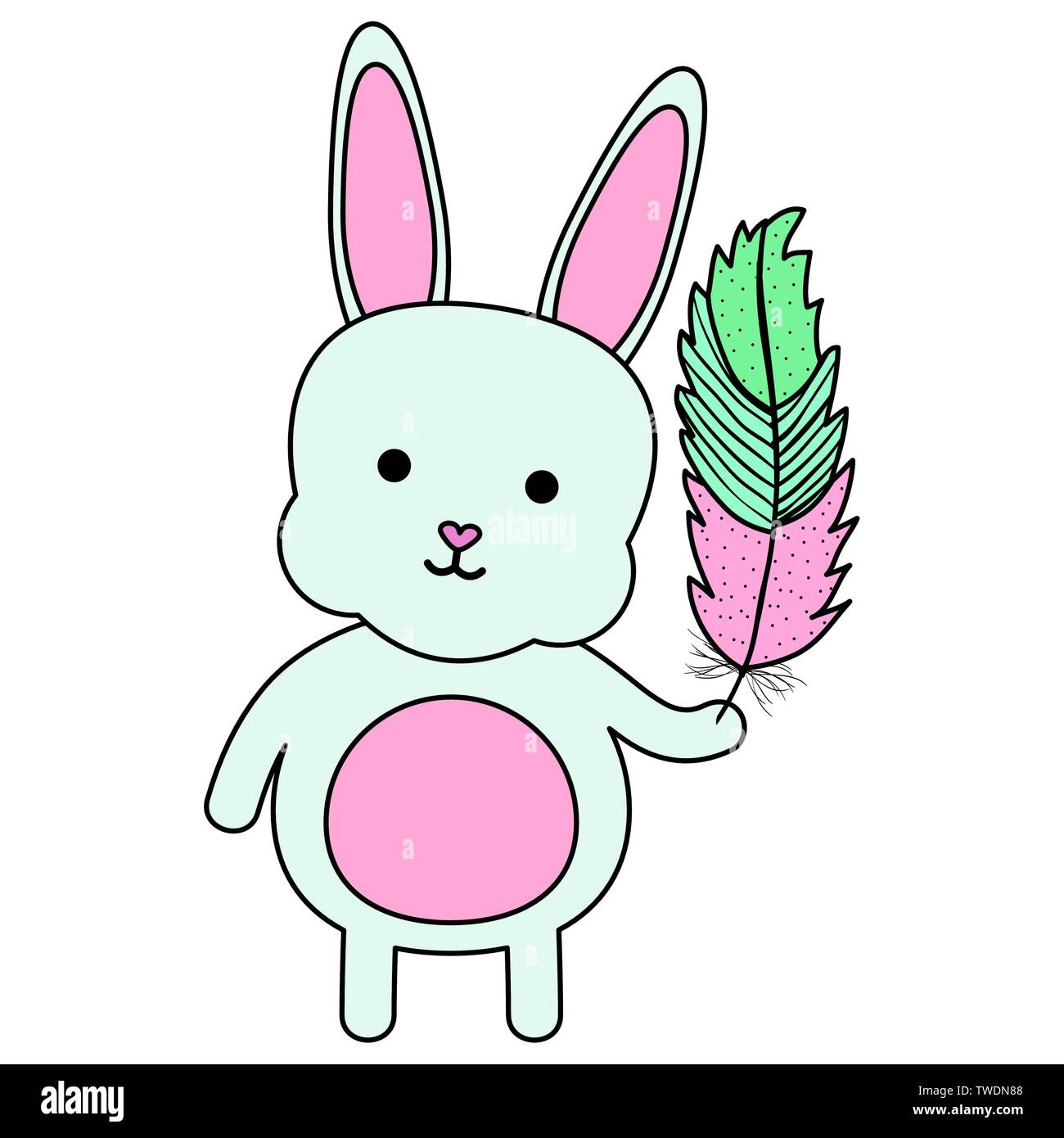 Feathered Rabbit cute little rabbit lifting feather character vector illustration design ...