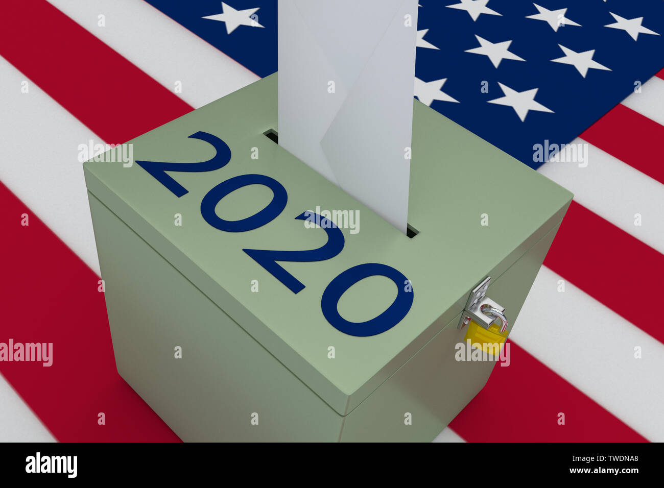 3D illustration of 2020 script on a ballot box, with US flag as a ...