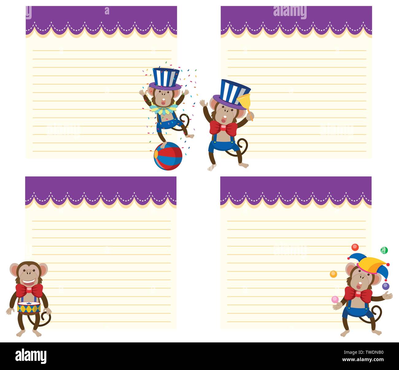Set of circus monkey note illustration Stock Vector